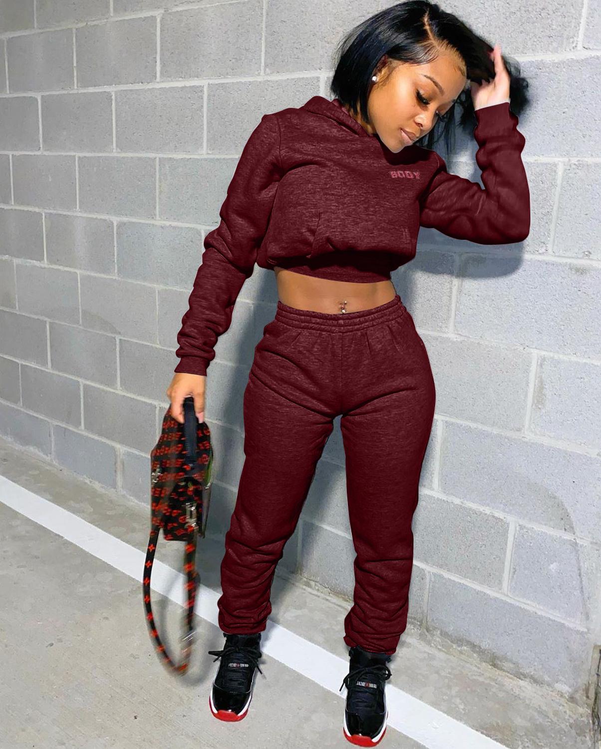 Autumn/ Winter Letter Print Thick Tracksuit Crop Top with Pants Two Piece Set