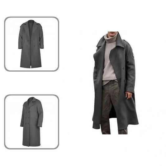 Stylish Trench Coat Turn-down Collar All Match Simple Retro Style Men Long Trench  Winter Coat    Men Long Trench